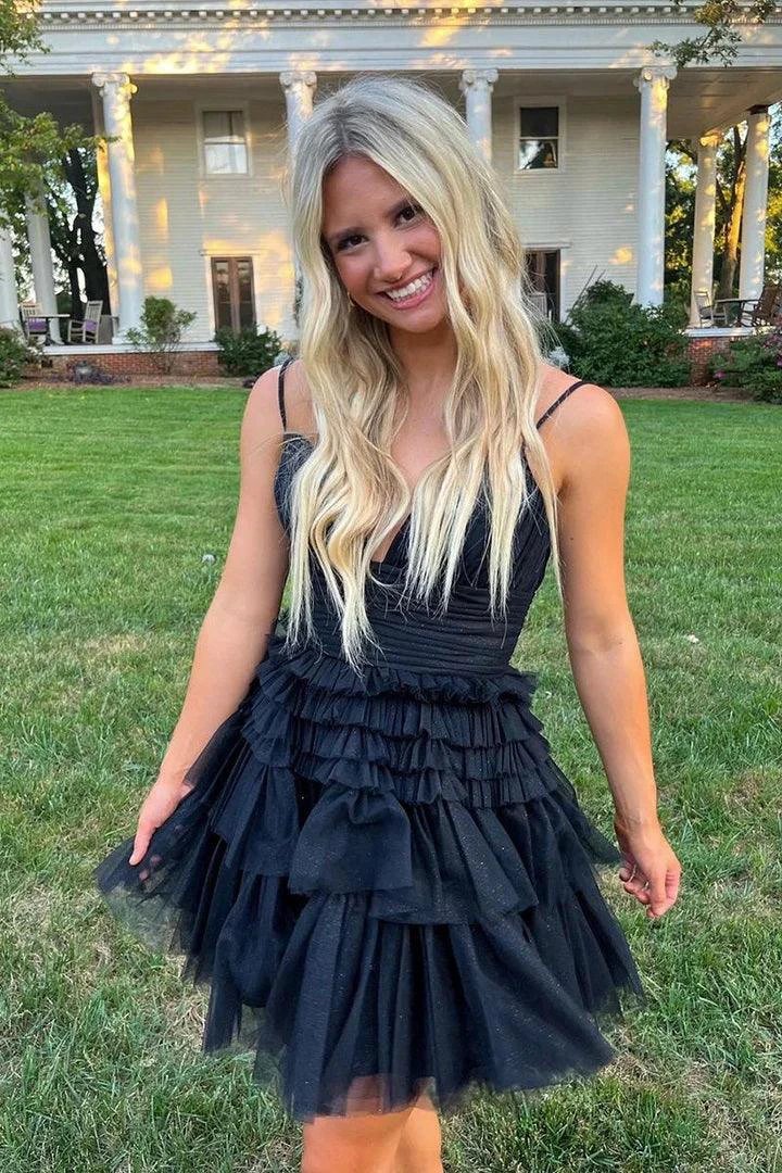 Spaghetti Straps V-Neck A-Line Tulle Mini Homecoming Dress PD488 by pgmdress