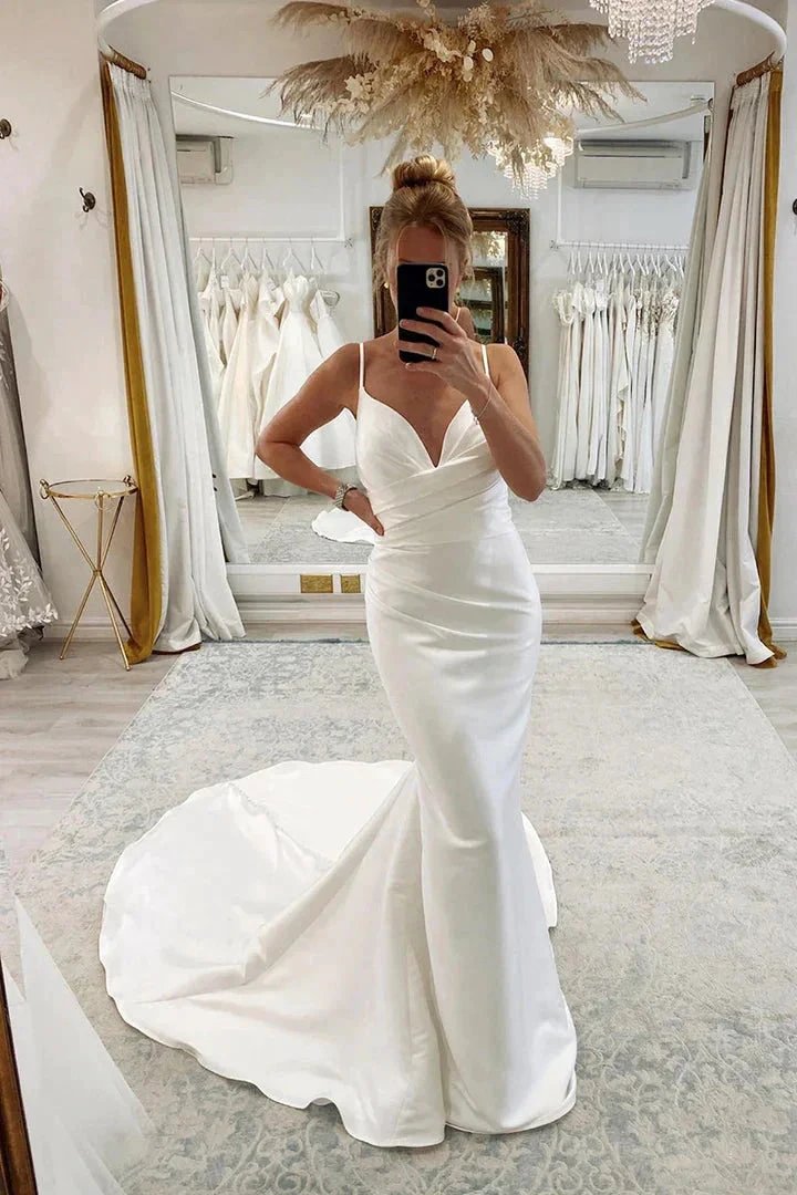 Spaghetti Straps V-neck Pleats Simple Mermaid Satin Wedding Dress WD650 by pgmdress