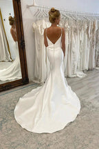 Spaghetti Straps V-neck Pleats Simple Mermaid Satin Wedding Dress WD650 by pgmdress
