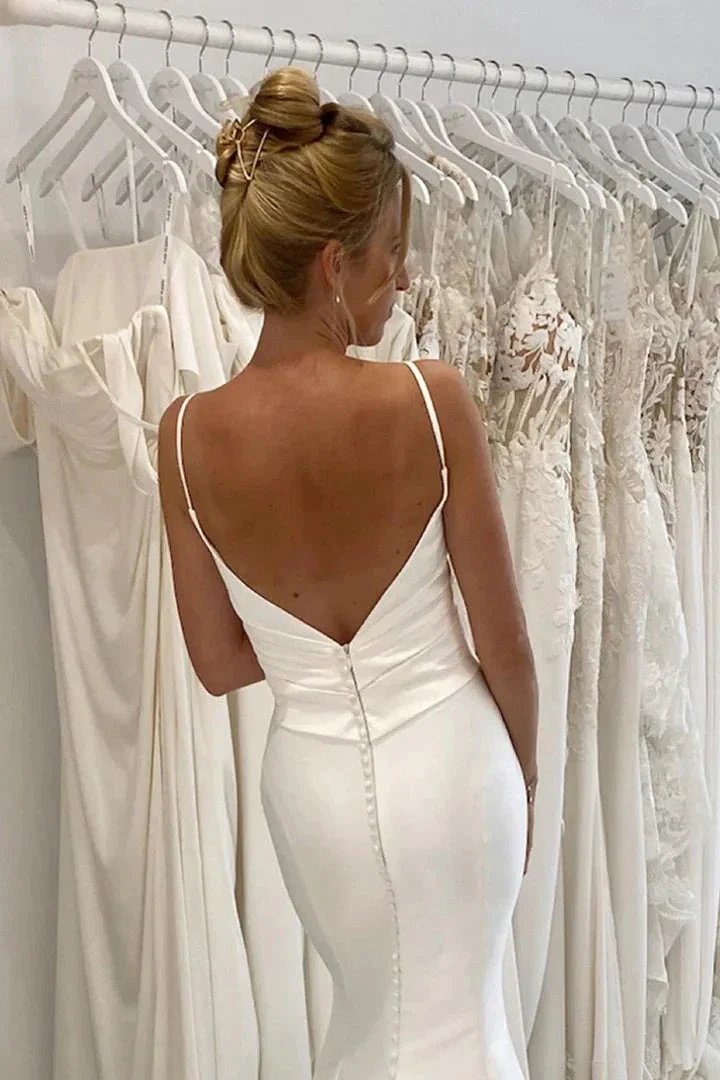 Spaghetti Straps V-neck Pleats Simple Mermaid Satin Wedding Dress WD650 by pgmdress
