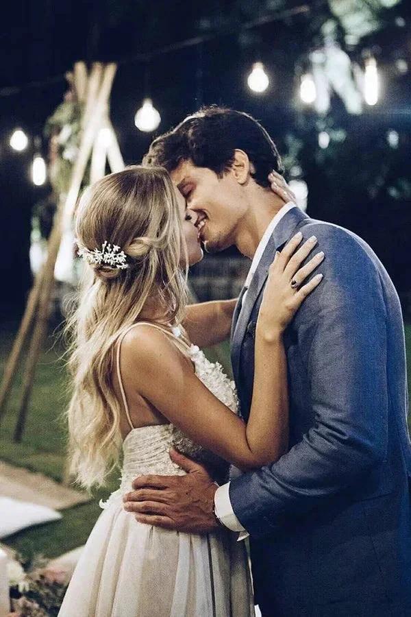 Spaghetti Strap V Neck Beach Wedding Dresses Backless Bridal Dresses WD285 by pgmdress