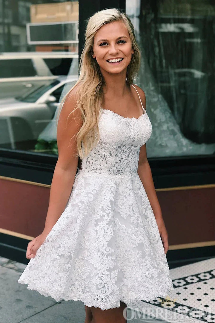 Spaghetti Straps Backless Lace Short Prom Dresses Homecoming Dresses by Ombreprom