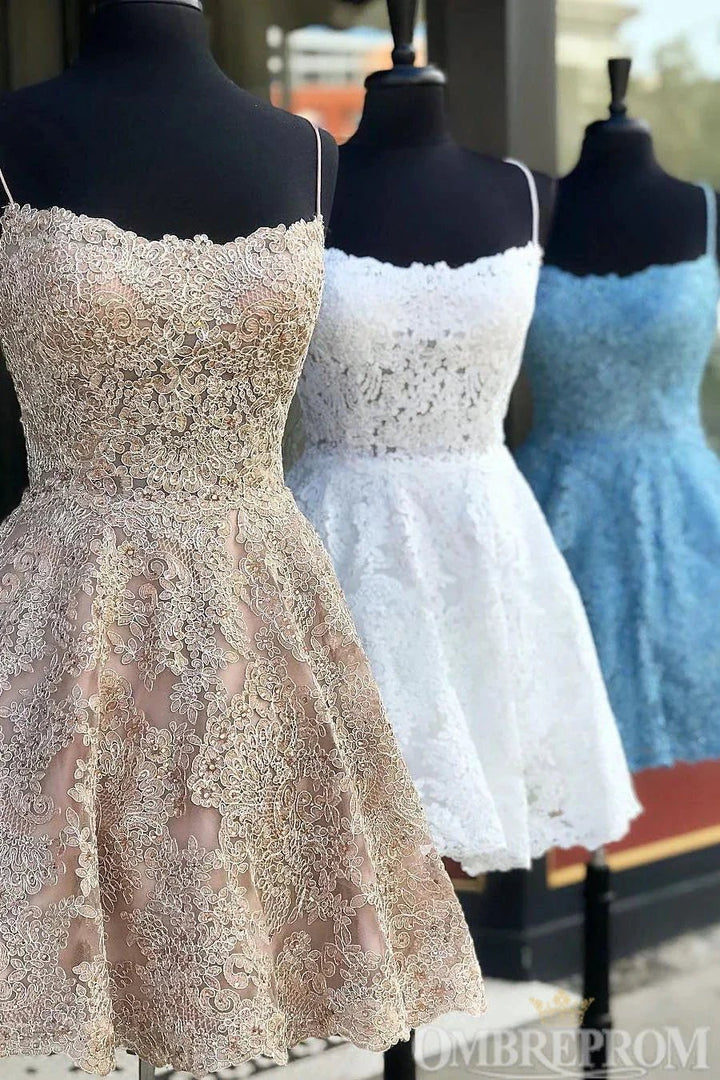 Spaghetti Straps Backless Lace Short Prom Dresses Homecoming Dresses by Ombreprom