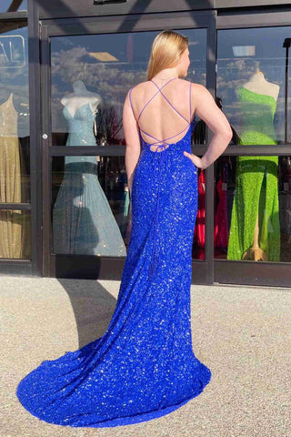Funkelndes, langes Ballkleid mit Pailletten in Tiffany-Blau und Schlitz SYP99