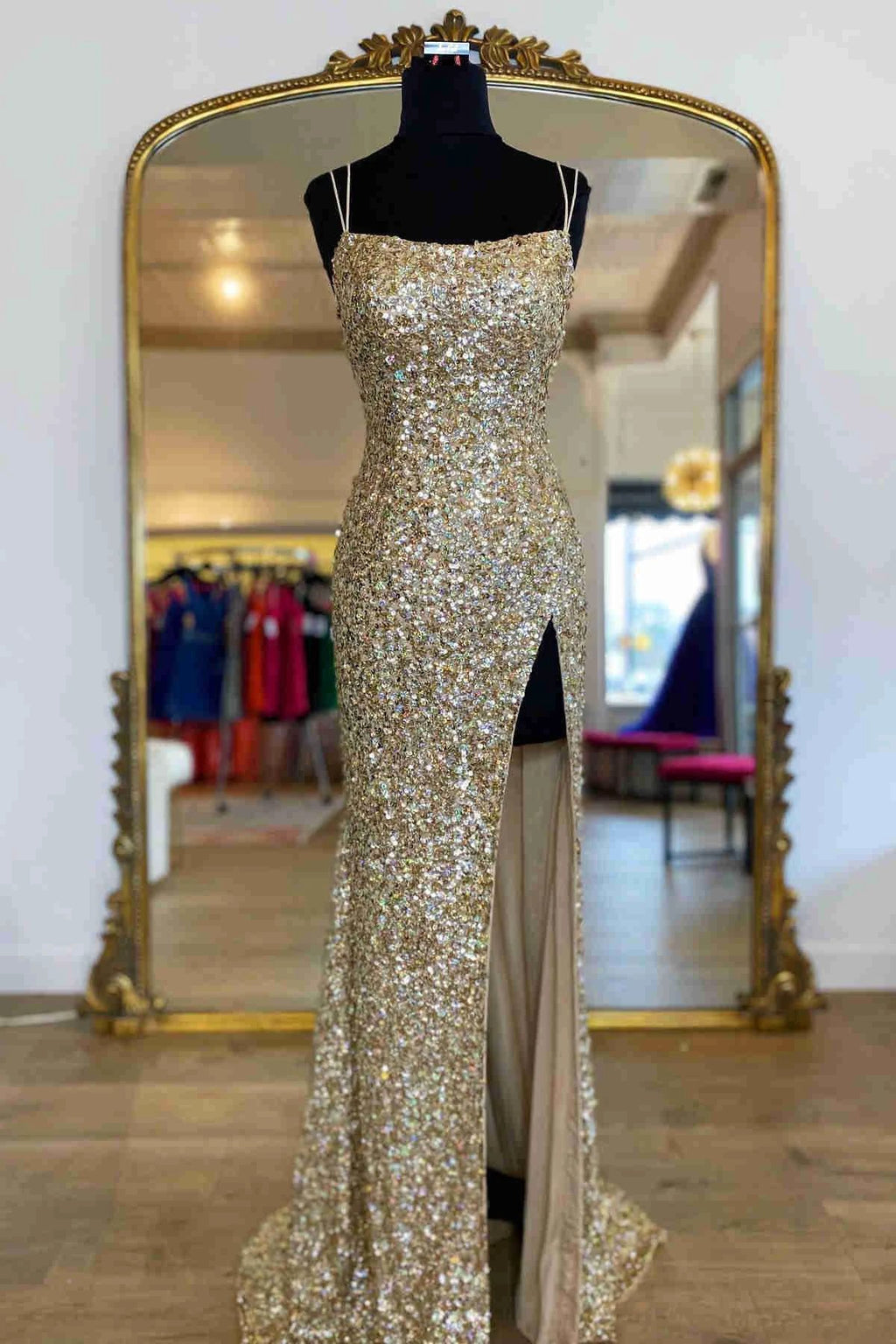 Sparkle Tiffany Blue Sequins Long Prom Dress With Slit SYP99 by vivymakudress