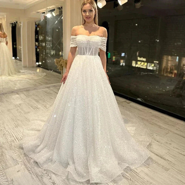Sparkling Lace Off Shoulder Sweetheart Mopping New Wedding Dresses Bridal Gowns Backless Beautiful Appliques Sweep Train Beach by payinti
