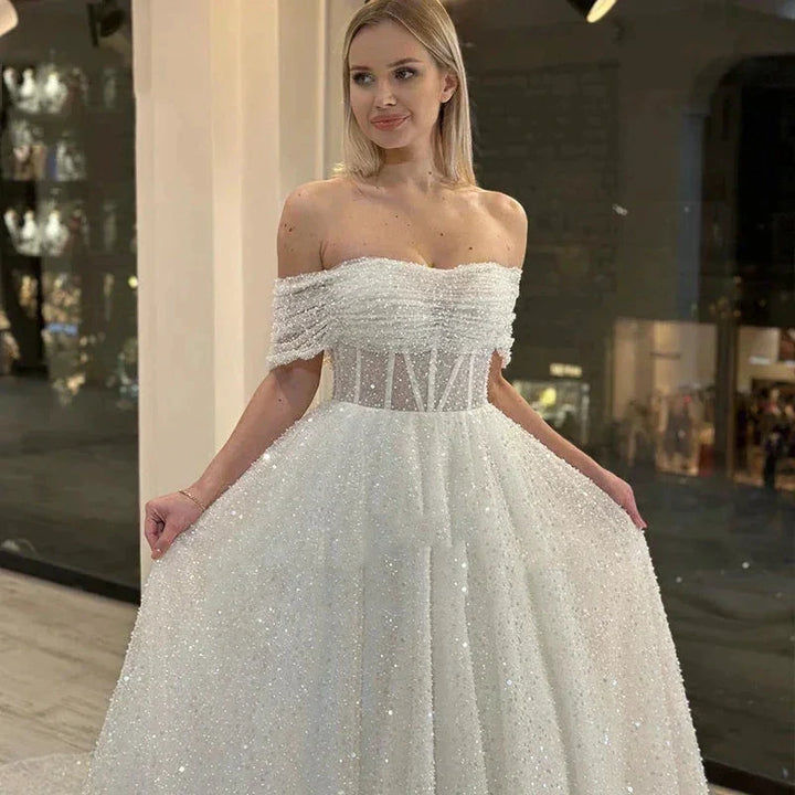 Sparkling Lace Off Shoulder Sweetheart Mopping New Wedding Dresses Bridal Gowns Backless Beautiful Appliques Sweep Train Beach by payinti