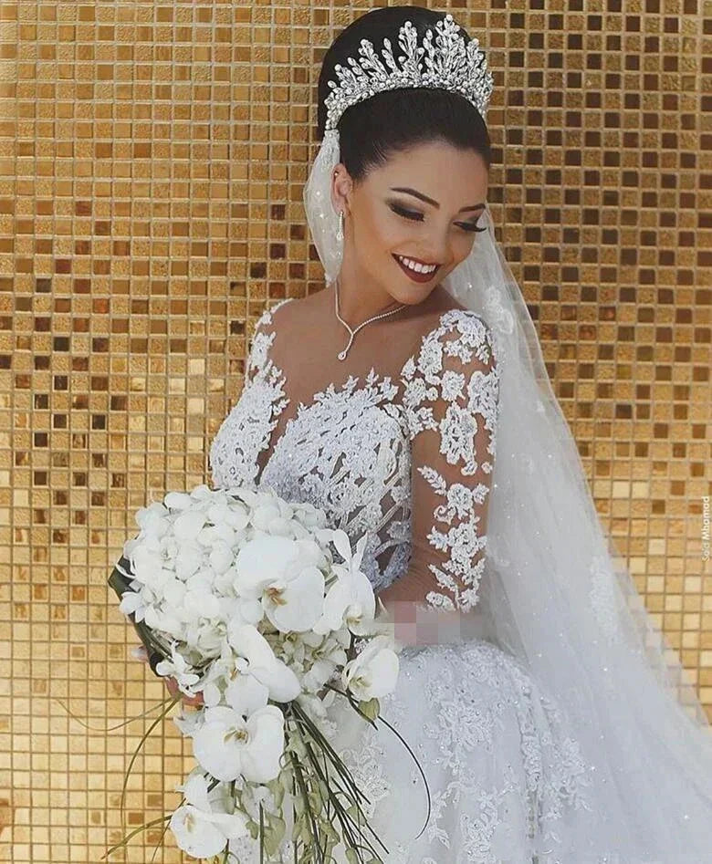 Sparkly Lace Wedding Dress Mermaid Illusion Bodice vestido de noiva Long Sleeve Sheer Neck Appliques Bridal Gowns 2022 Spring by payinti