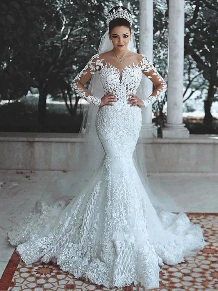 Sparkly Lace Wedding Dress Mermaid Illusion Bodice vestido de noiva Long Sleeve Sheer Neck Appliques Bridal Gowns 2022 Spring by payinti