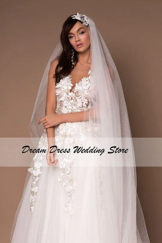 Sparkly V-Neck Wedding Dresses 2023 Boho 3D Appliques Tulle Bridal Gowns Vestidos De Novia Bohemian Princess Brides Dresses