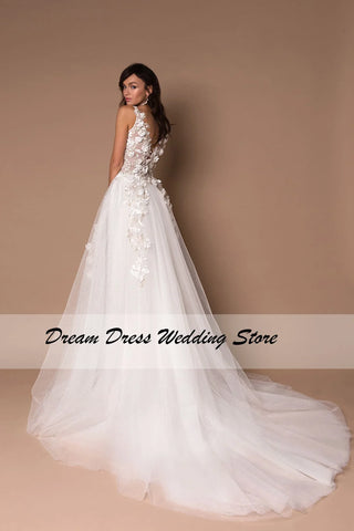 Sparkly V-Neck Wedding Dresses 2023 Boho 3D Appliques Tulle Bridal Gowns Vestidos De Novia Bohemian Princess Brides Dresses