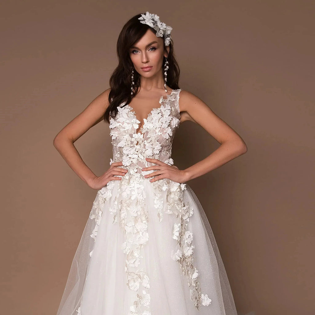 Sparkly V-Neck Wedding Dresses 2023 Boho 3D Appliques Tulle Bridal Gowns Vestidos De Novia Bohemian Princess Brides Dresses by payinti