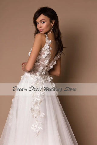 Sparkly V-Neck Wedding Dresses 2023 Boho 3D Appliques Tulle Bridal Gowns Vestidos De Novia Bohemian Princess Brides Dresses