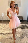 Sparkly A-Line V Neck Pink Homecoming Dress with Feathers PD520 by pgmdress