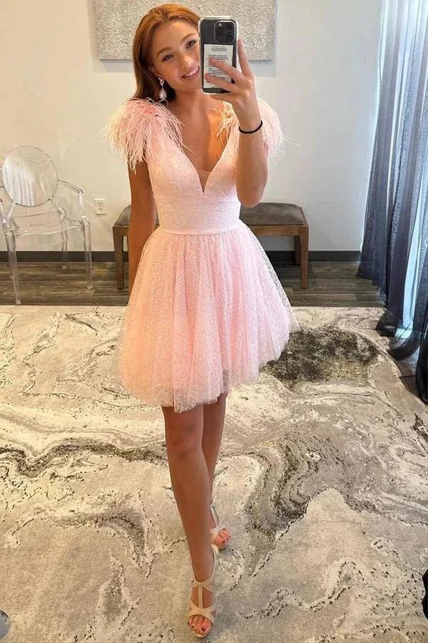 Sparkly A-Line V Neck Pink Homecoming Dress with Feathers PD520 by pgmdress