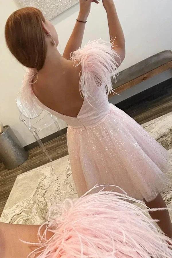 Sparkly A-Line V Neck Pink Homecoming Dress with Feathers PD520 by pgmdress