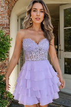 Sparkly A-line Strapless Appliques Tiered Lilac Homecoming Dress PD553 by pgmdress