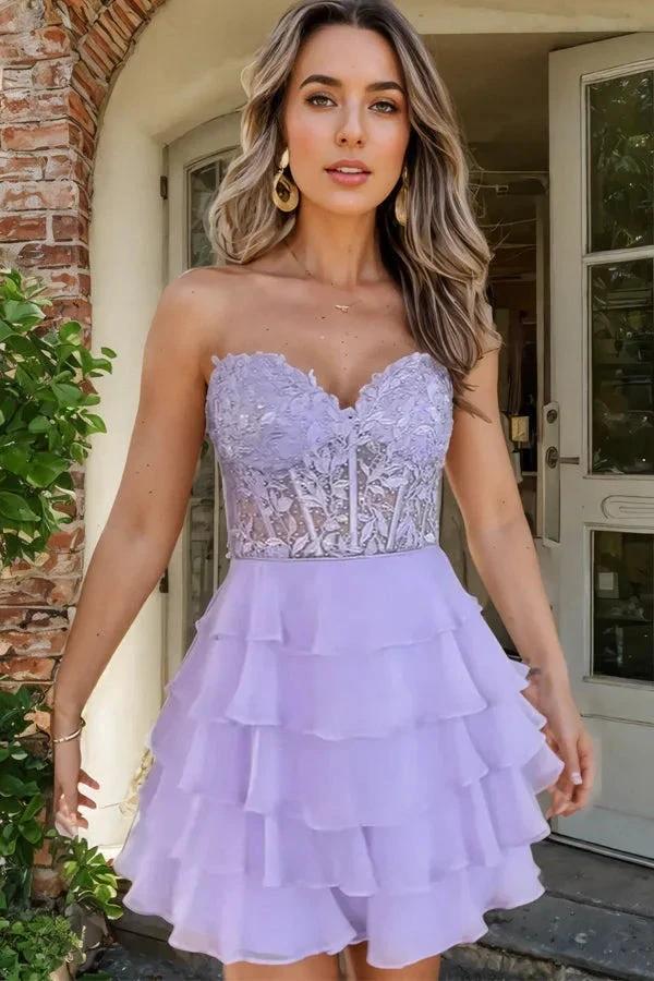 Sparkly A-line Strapless Appliques Tiered Lilac Homecoming Dress PD553 by pgmdress