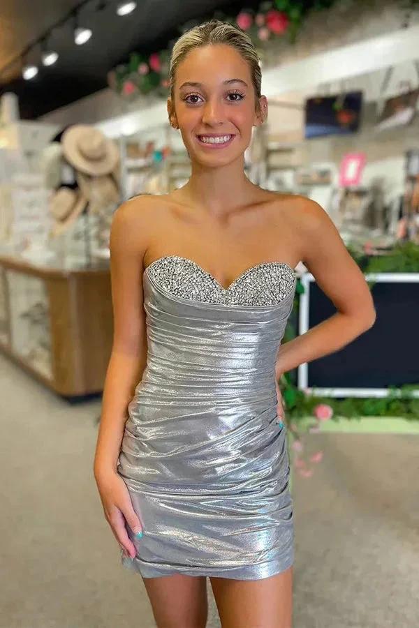 Sparkly Beaded Strapless Tight Satin Silver Homecoming Dress PD536 by pgmdress