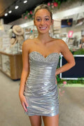 Sparkly Beaded Strapless Tight Satin Silver Homecoming Dress PD536 by pgmdress