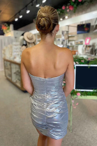 Sparkly Beaded Strapless Tight Satin Silver Homecoming Dress PD536