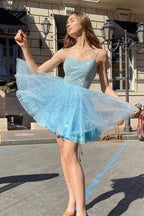 Sparkly Blue A-line Spaghetti Straps Homecoming Dress Short Prom Dresses