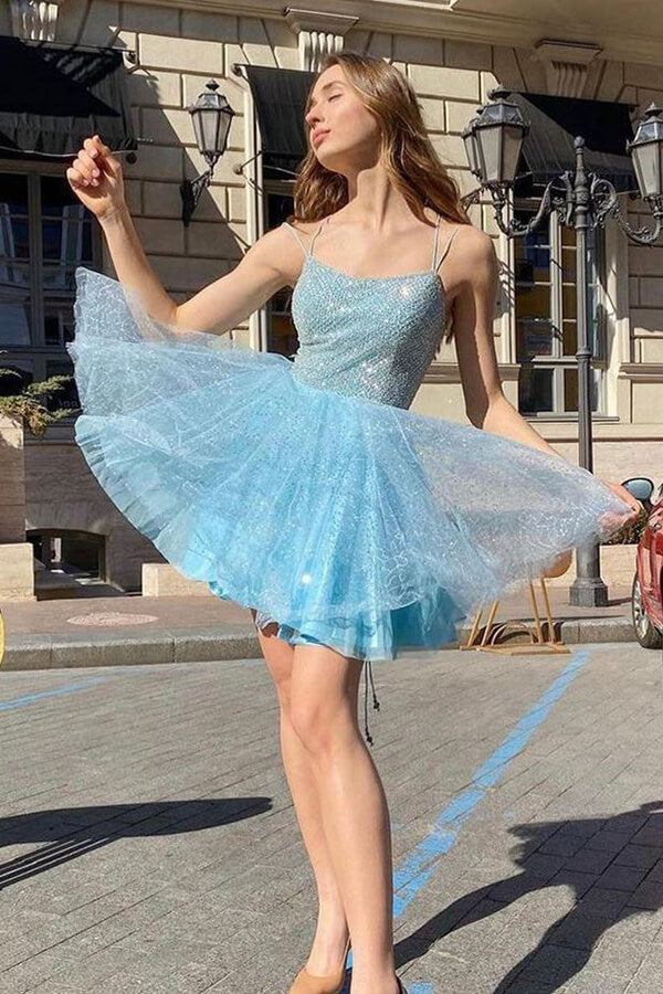 Sparkly Blue A-line Spaghetti Straps Homecoming Dress Short Prom Dresses Hover Image