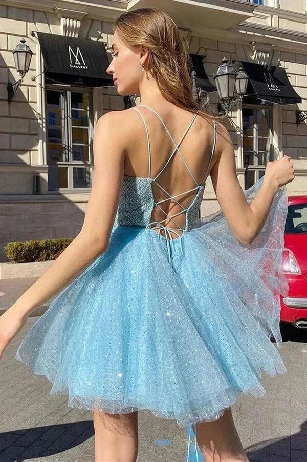 Sparkly Blue A-line Spaghetti Straps Homecoming Dress Short Prom Dresses by DREAMUNDERWEAR