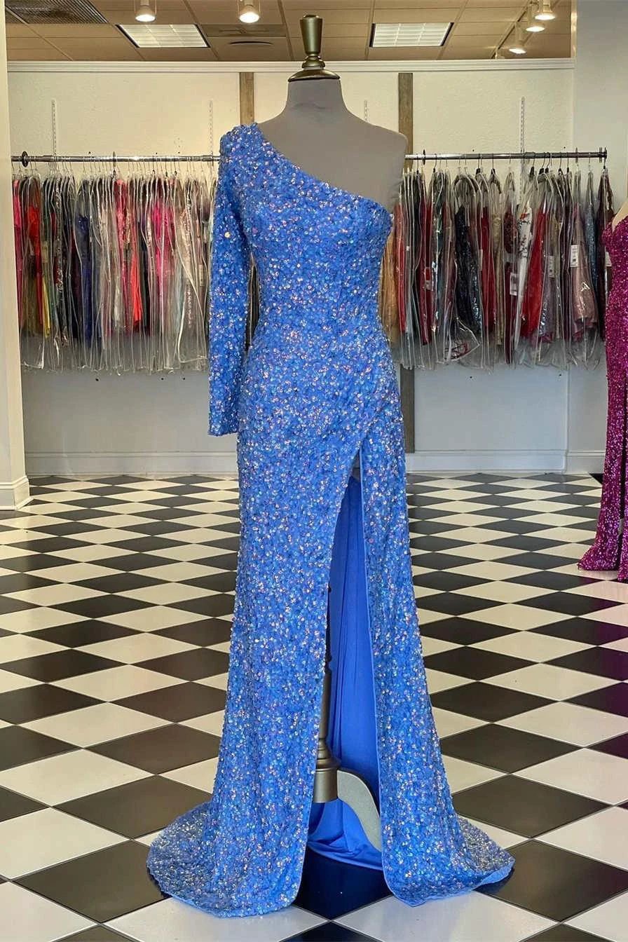 Sparkly Blue Sequind Long Sleeve Prom Dress SYP101 by vivymakudress
