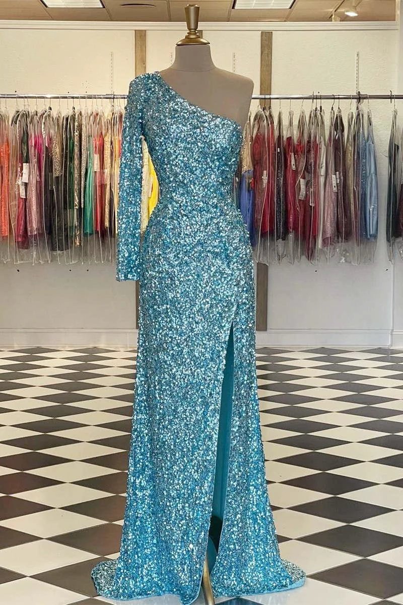 Sparkly Blue Sequind Long Sleeve Prom Dress SYP101 by vivymakudress