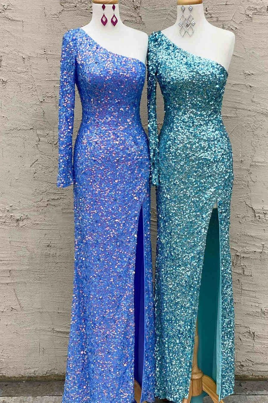 Sparkly Blue Sequind Long Sleeve Prom Dress SYP101 by vivymakudress