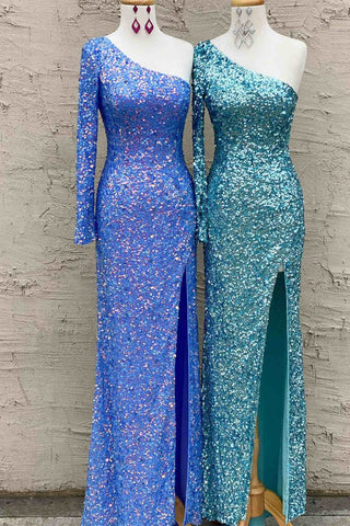 Funkelndes, blaues, langärmliges Ballkleid mit Pailletten SYP101