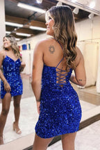 V neck Bodycon Dress Royal Blue Short Sequin Homecoming Dress SYH89 by vivymakudress