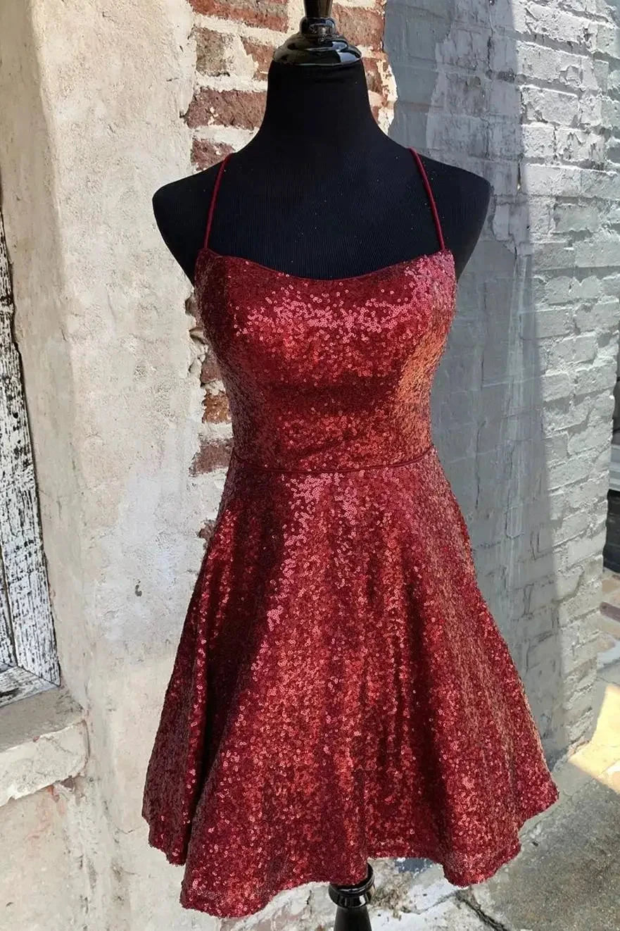 Sparkly Burgundy Homecoming Dresses Backless A-line Mini Party Dress PD383 by pgmdress