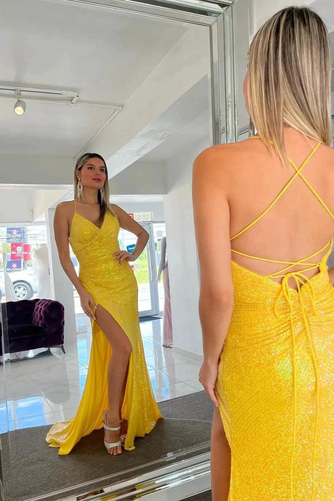 Sparkly Lace Up Mermaid Yellow Sequins Long Prom Dress with Slit PSK464 by pgmdress