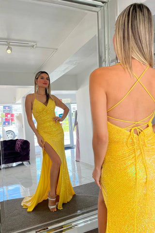 Vestido de fiesta largo de sirena con encaje brillante y lentejuelas amarillas con abertura PSK464