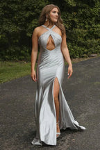 Sparkly Mermaid Silver Long Prom Dress with Beading PSK598