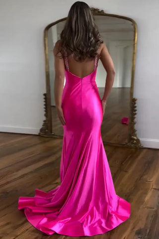 Glitzerndes, langes silbernes Meerjungfrauen-Ballkleid mit Perlenbesatz PSK598