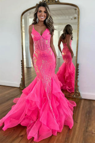 Vestido de fiesta rosa intenso con tirantes finos y corte sirena brillante PSK568