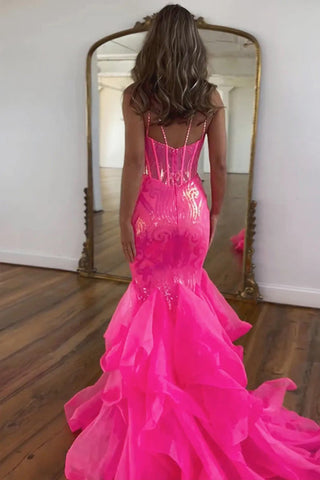 Vestido de fiesta rosa intenso con tirantes finos y corte sirena brillante PSK568