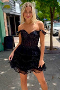 Sparkly Off the Shoulder Corset Ruffle Black Homecoming Dress PD510 by pgmdress