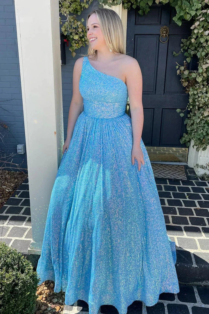 Sparkly Plus Size Light Blue One Shoulder A Line Sequins Prom Dress PSK465 by pgmdress