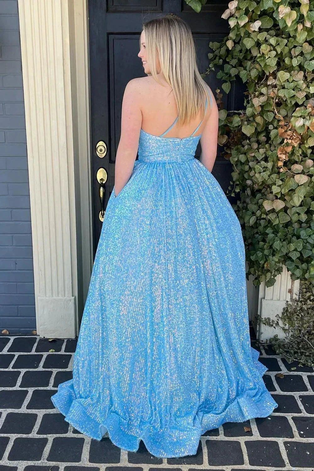 Sparkly Plus Size Light Blue One Shoulder A Line Sequins Prom Dress PSK465 by pgmdress