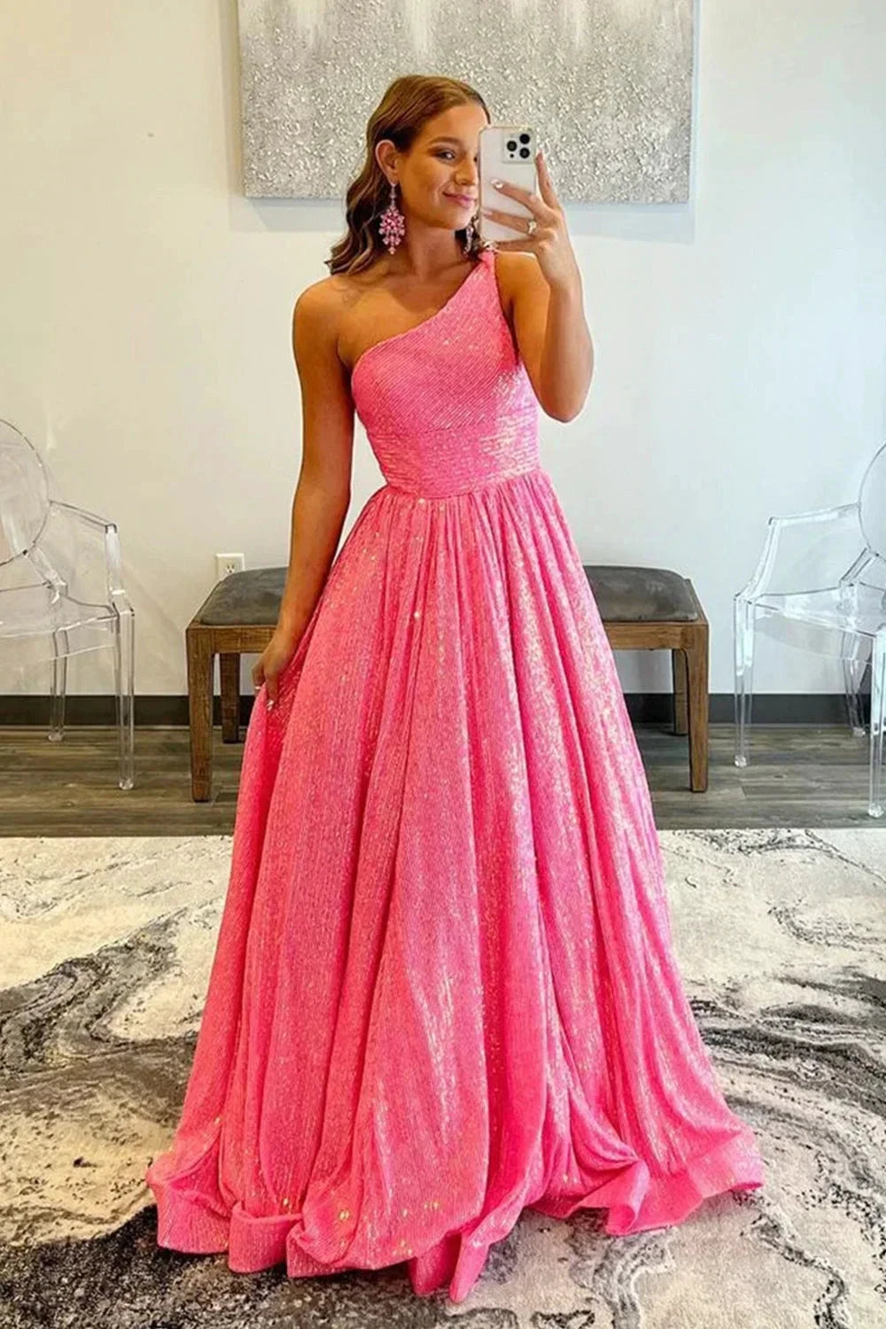 Sparkly Plus Size Light Blue One Shoulder A Line Sequins Prom Dress PSK465 by pgmdress