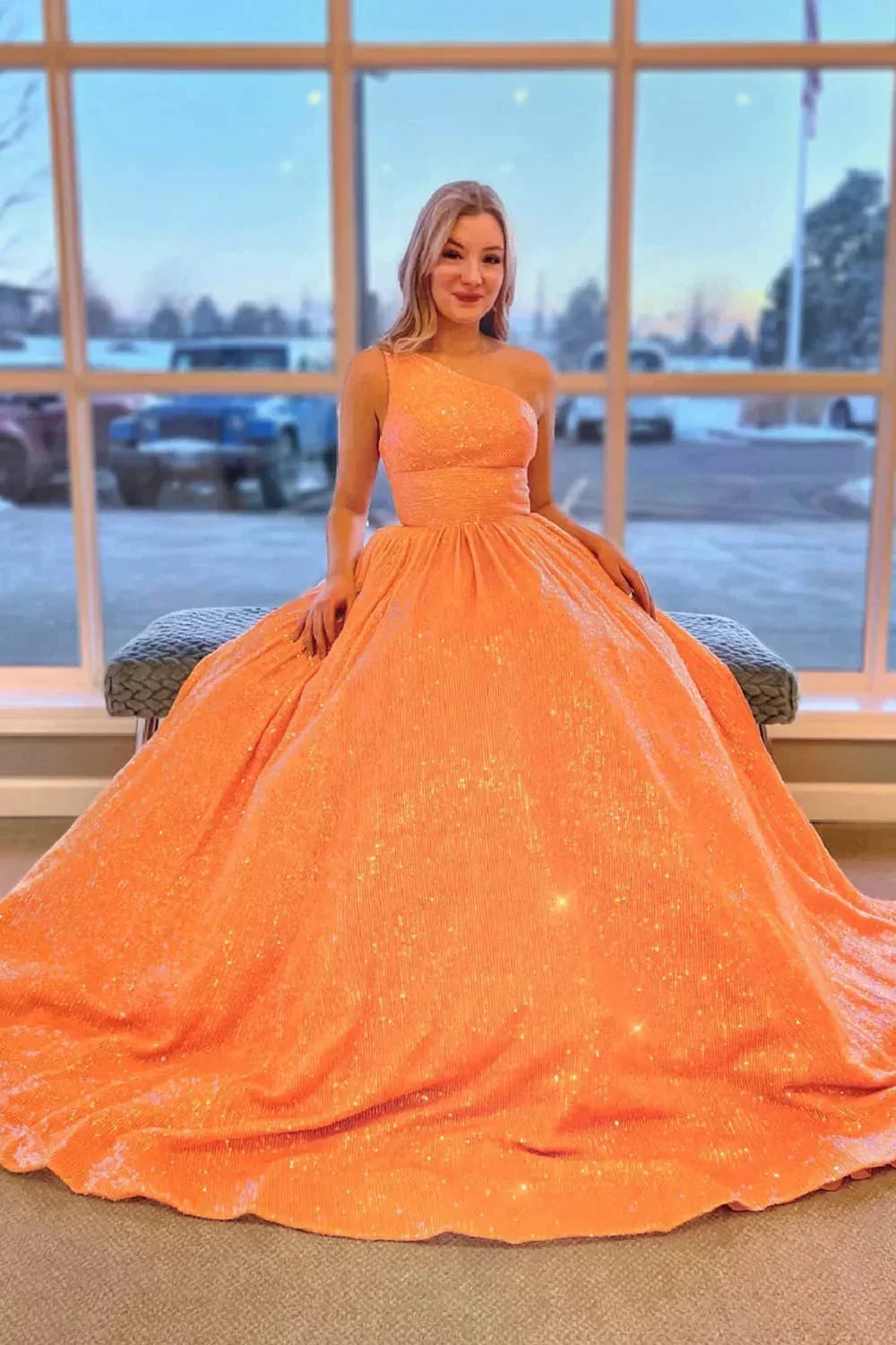 Sparkly Plus Size Light Blue One Shoulder A Line Sequins Prom Dress PSK465 by pgmdress