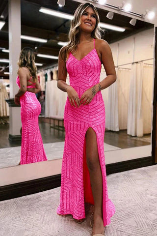 Vestido de fiesta largo con lentejuelas brillantes en naranja y purpurina, con abertura PSK443