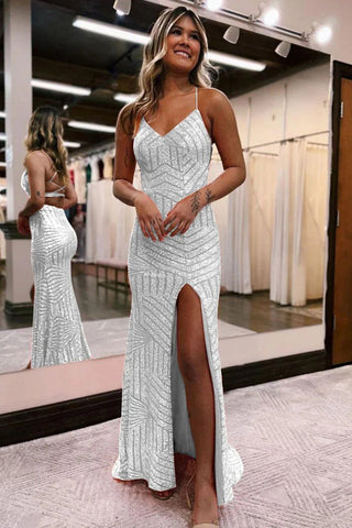 Vestido de fiesta largo con lentejuelas brillantes en naranja y purpurina, con abertura PSK443