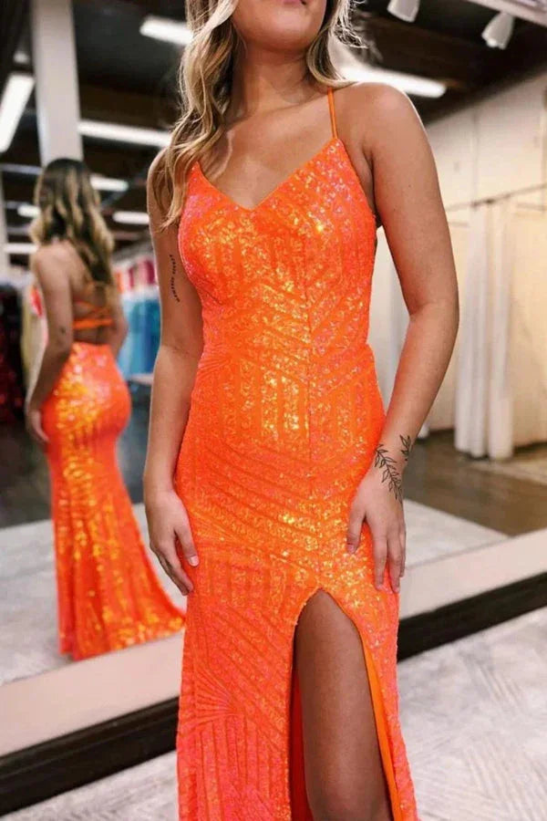 Sparkly Sequin Orange Long Glitter Prom  Dress With Split PSK443