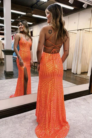 Vestido de fiesta largo con lentejuelas brillantes en naranja y purpurina, con abertura PSK443