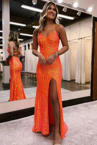 Vestido de fiesta largo con lentejuelas brillantes en naranja y purpurina, con abertura PSK443